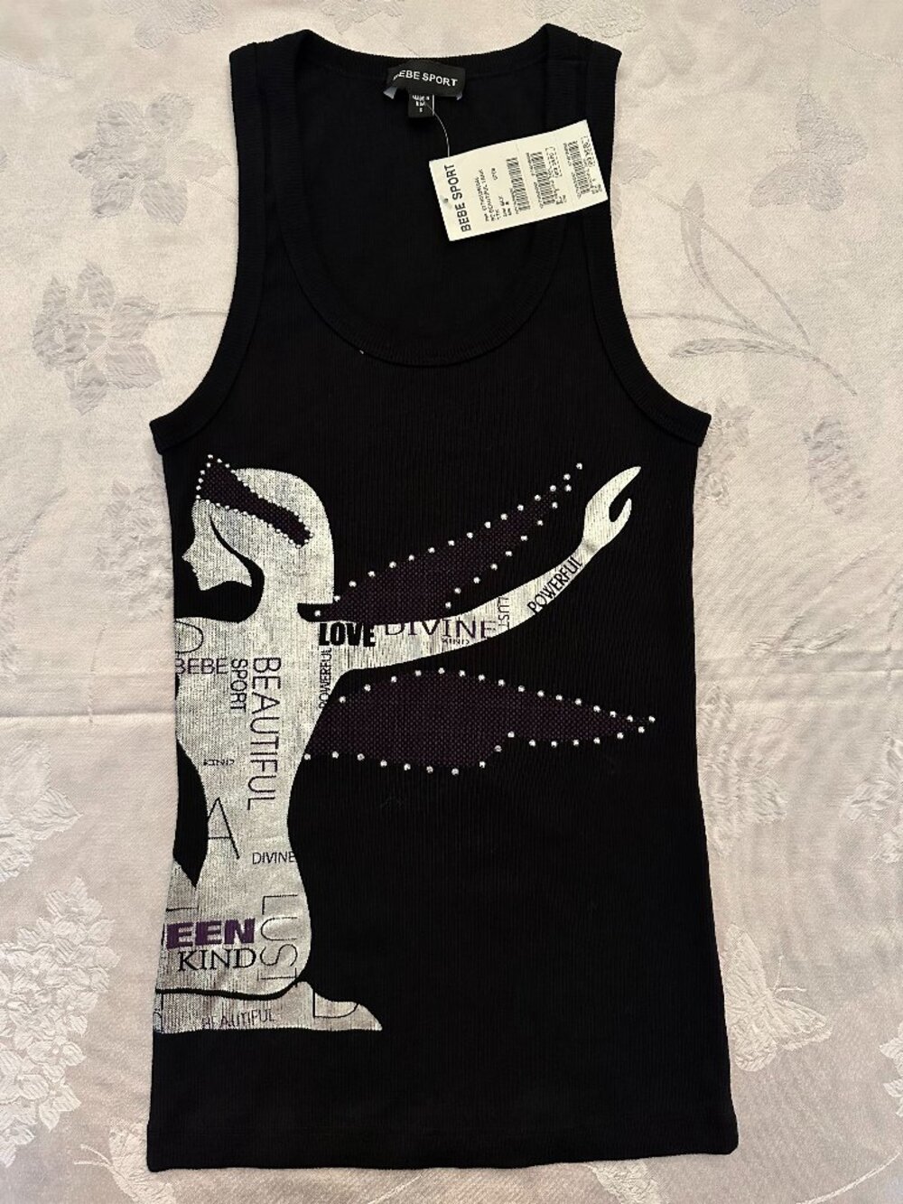 NWT bebe Sport Be Beautiful Black Rhinestone Graphic Tank Y2K S